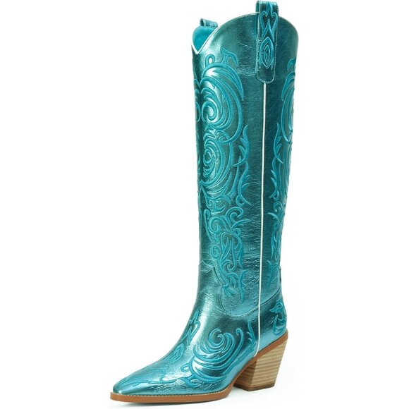 Women Metallic Blue Knee High Pointed Toe Block Heel Cowboy Western Boots - Picture 1 of 8